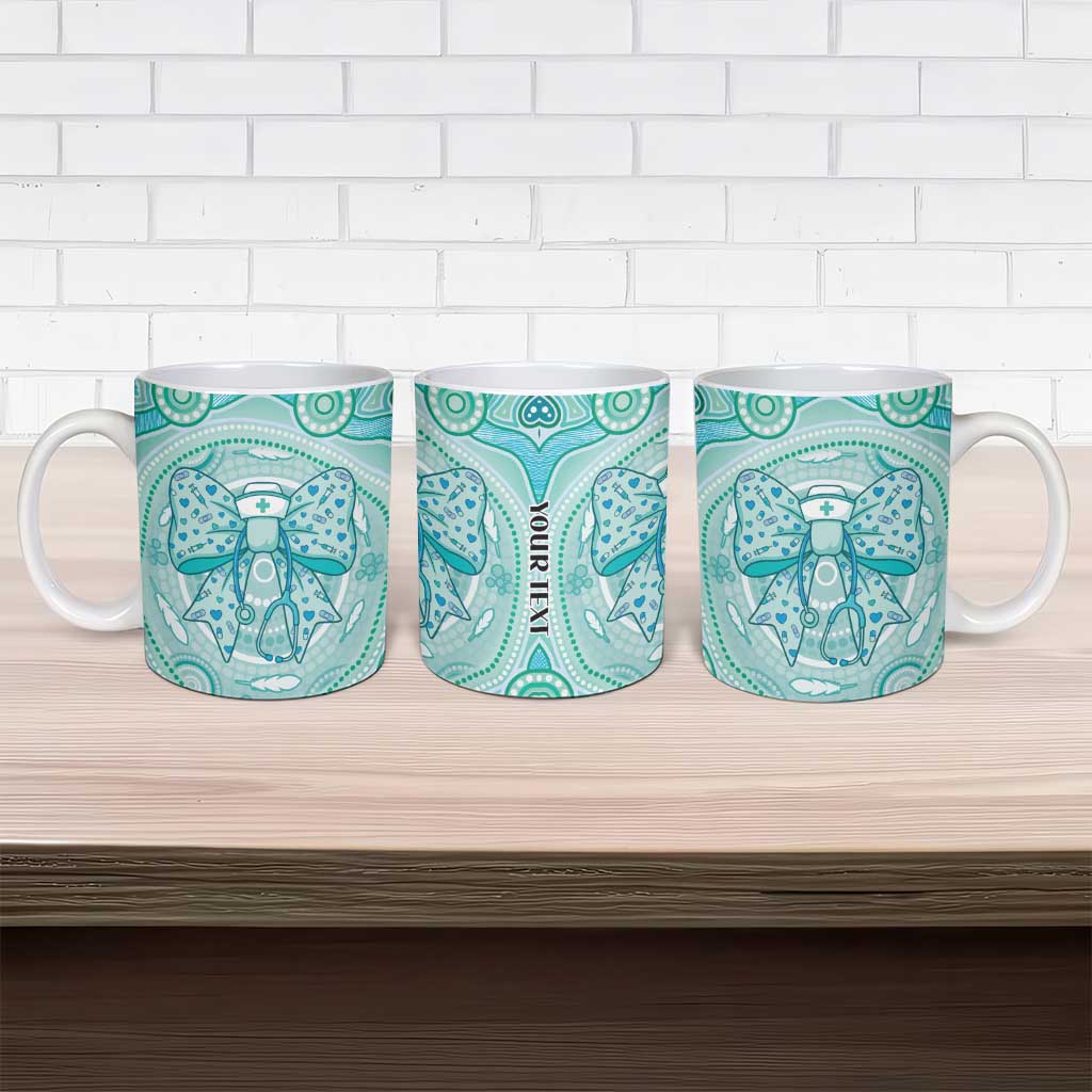 Aussie Nurse Personalised Ceramic Mug Turquoise Stethoscope Coquette Bow Aboriginal Dot Art