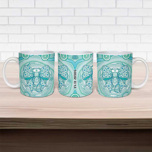 Aussie Nurse Personalised Ceramic Mug Turquoise Stethoscope Coquette Bow Aboriginal Dot Art
