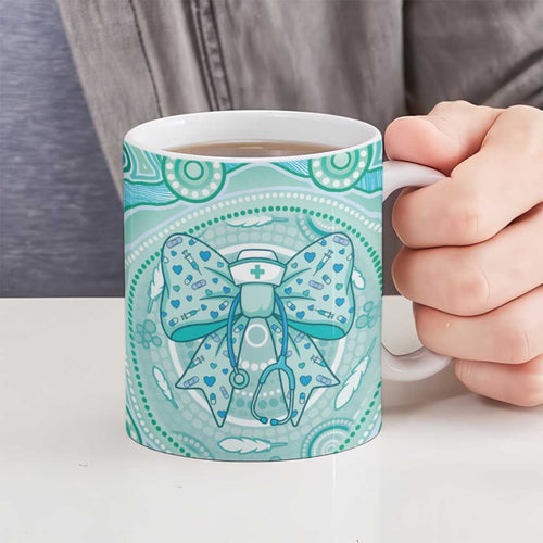 Aussie Nurse Personalised Ceramic Mug Turquoise Stethoscope Coquette Bow Aboriginal Dot Art