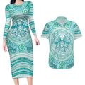 Aussie Nurse Personalised Couples Matching Long Sleeve Bodycon Dress and Hawaiian Shirt Turquoise Stethoscope Coquette Bow Aboriginal Dot Art