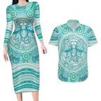 Aussie Nurse Personalised Couples Matching Long Sleeve Bodycon Dress and Hawaiian Shirt Turquoise Stethoscope Coquette Bow Aboriginal Dot Art
