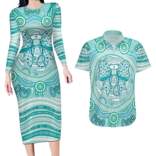 Aussie Nurse Personalised Couples Matching Long Sleeve Bodycon Dress and Hawaiian Shirt Turquoise Stethoscope Coquette Bow Aboriginal Dot Art