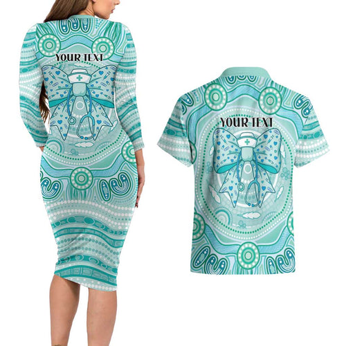 Aussie Nurse Personalised Couples Matching Long Sleeve Bodycon Dress and Hawaiian Shirt Turquoise Stethoscope Coquette Bow Aboriginal Dot Art