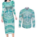Aussie Nurse Personalised Couples Matching Long Sleeve Bodycon Dress and Long Sleeve Button Shirt Turquoise Stethoscope Coquette Bow Aboriginal Dot Art