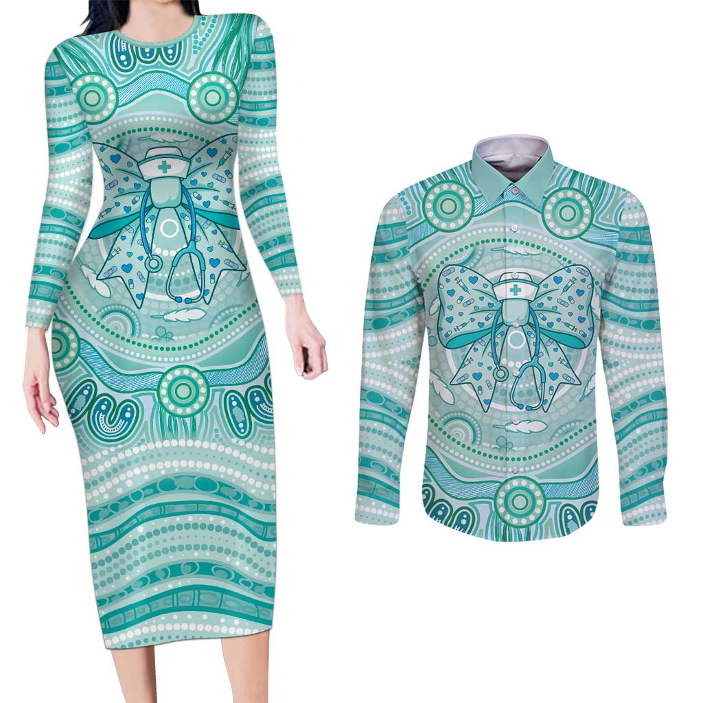 Aussie Nurse Personalised Couples Matching Long Sleeve Bodycon Dress and Long Sleeve Button Shirt Turquoise Stethoscope Coquette Bow Aboriginal Dot Art