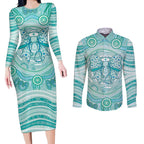 Aussie Nurse Personalised Couples Matching Long Sleeve Bodycon Dress and Long Sleeve Button Shirt Turquoise Stethoscope Coquette Bow Aboriginal Dot Art