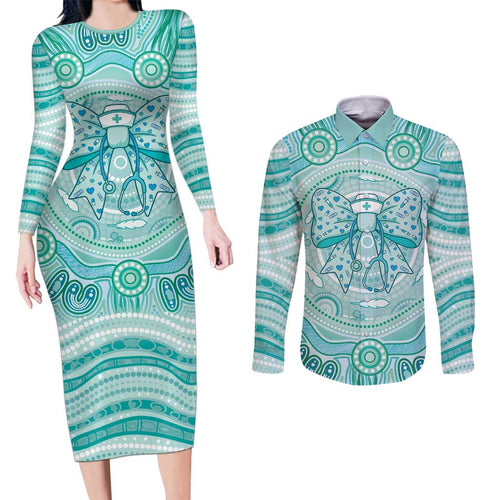 Aussie Nurse Personalised Couples Matching Long Sleeve Bodycon Dress and Long Sleeve Button Shirt Turquoise Stethoscope Coquette Bow Aboriginal Dot Art