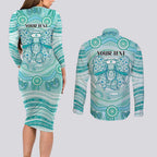 Aussie Nurse Personalised Couples Matching Long Sleeve Bodycon Dress and Long Sleeve Button Shirt Turquoise Stethoscope Coquette Bow Aboriginal Dot Art