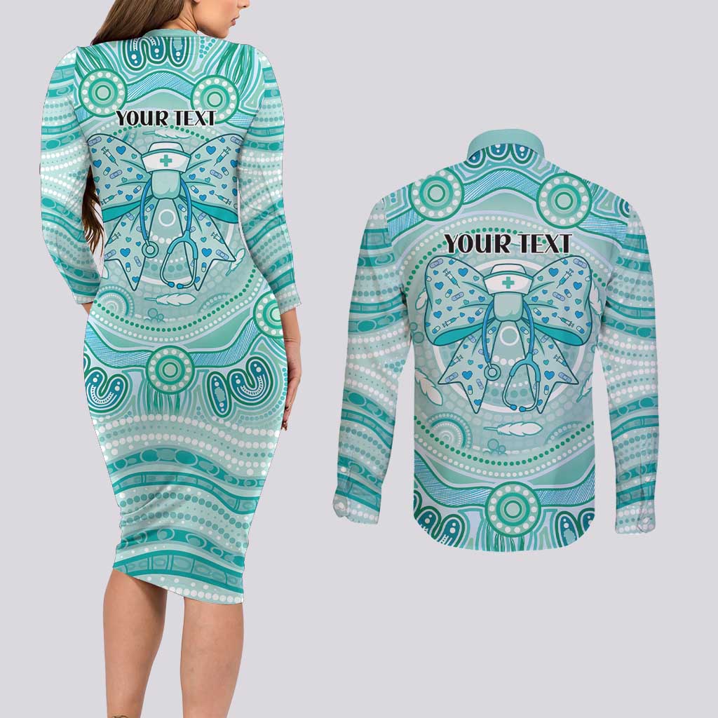 Aussie Nurse Personalised Couples Matching Long Sleeve Bodycon Dress and Long Sleeve Button Shirt Turquoise Stethoscope Coquette Bow Aboriginal Dot Art