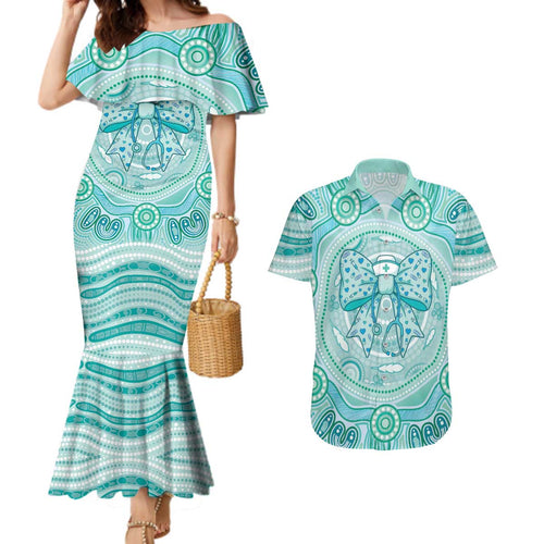 Aussie Nurse Personalised Couples Matching Mermaid Dress and Hawaiian Shirt Turquoise Stethoscope Coquette Bow Aboriginal Dot Art