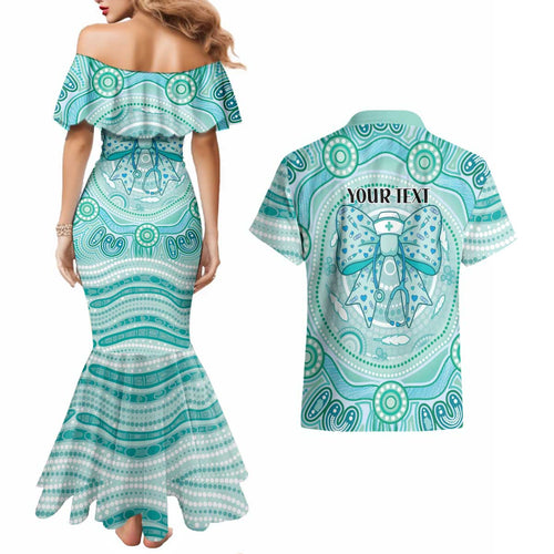 Aussie Nurse Personalised Couples Matching Mermaid Dress and Hawaiian Shirt Turquoise Stethoscope Coquette Bow Aboriginal Dot Art