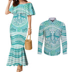 Aussie Nurse Personalised Couples Matching Mermaid Dress and Long Sleeve Button Shirt Turquoise Stethoscope Coquette Bow Aboriginal Dot Art