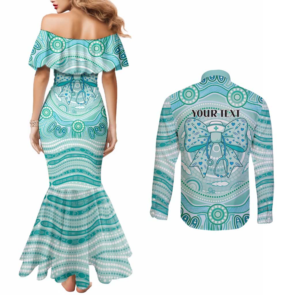 Aussie Nurse Personalised Couples Matching Mermaid Dress and Long Sleeve Button Shirt Turquoise Stethoscope Coquette Bow Aboriginal Dot Art