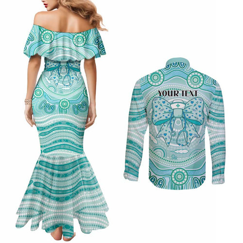 Aussie Nurse Personalised Couples Matching Mermaid Dress and Long Sleeve Button Shirt Turquoise Stethoscope Coquette Bow Aboriginal Dot Art