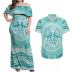 Aussie Nurse Personalised Couples Matching Off Shoulder Maxi Dress and Hawaiian Shirt Turquoise Stethoscope Coquette Bow Aboriginal Dot Art