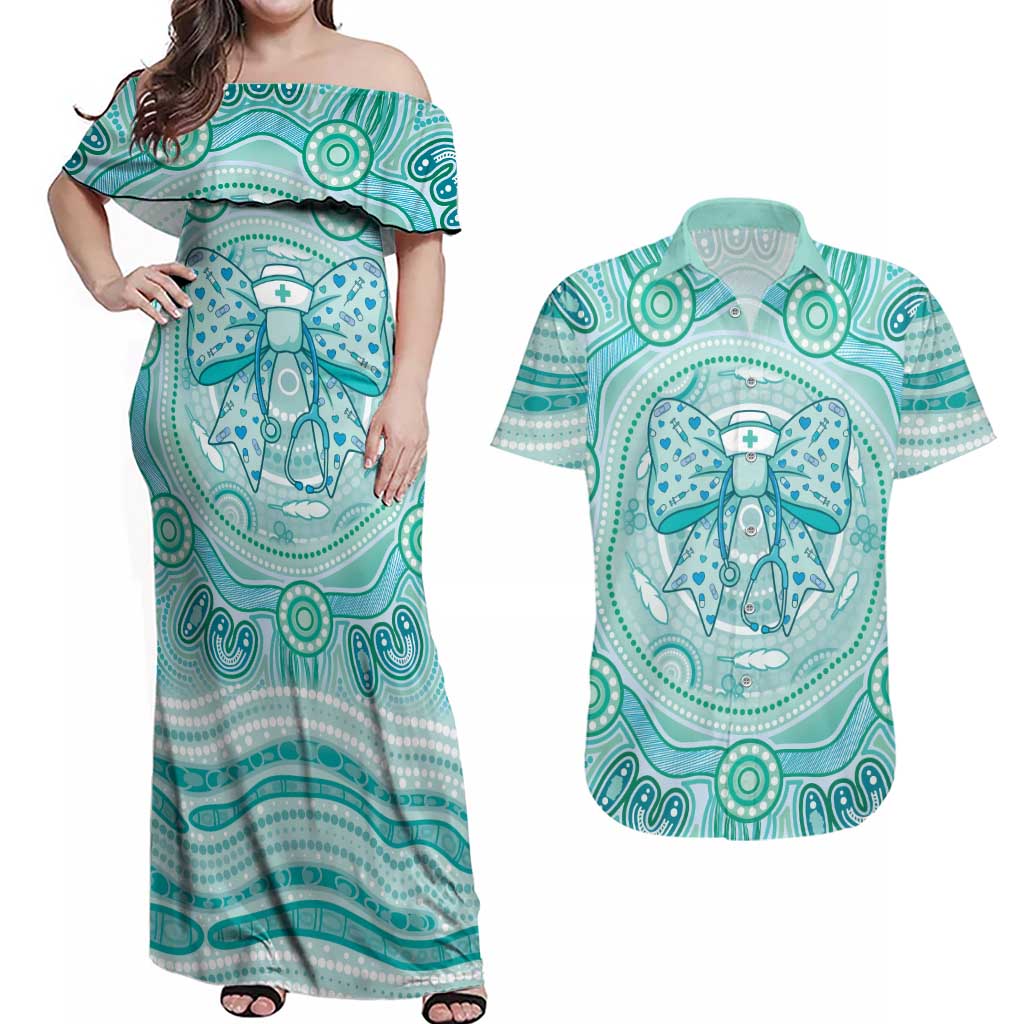 Aussie Nurse Personalised Couples Matching Off Shoulder Maxi Dress and Hawaiian Shirt Turquoise Stethoscope Coquette Bow Aboriginal Dot Art