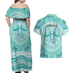 Aussie Nurse Personalised Couples Matching Off Shoulder Maxi Dress and Hawaiian Shirt Turquoise Stethoscope Coquette Bow Aboriginal Dot Art