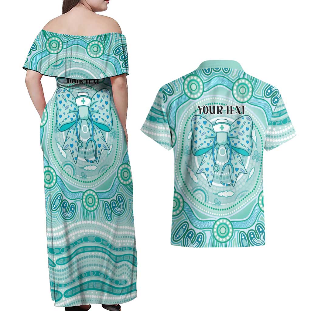 Aussie Nurse Personalised Couples Matching Off Shoulder Maxi Dress and Hawaiian Shirt Turquoise Stethoscope Coquette Bow Aboriginal Dot Art