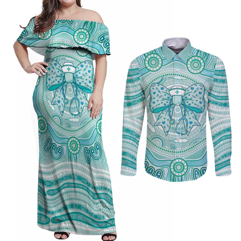 Aussie Nurse Personalised Couples Matching Off Shoulder Maxi Dress and Long Sleeve Button Shirt Turquoise Stethoscope Coquette Bow Aboriginal Dot Art