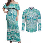 Aussie Nurse Personalised Couples Matching Off Shoulder Maxi Dress and Long Sleeve Button Shirt Turquoise Stethoscope Coquette Bow Aboriginal Dot Art