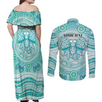 Aussie Nurse Personalised Couples Matching Off Shoulder Maxi Dress and Long Sleeve Button Shirt Turquoise Stethoscope Coquette Bow Aboriginal Dot Art