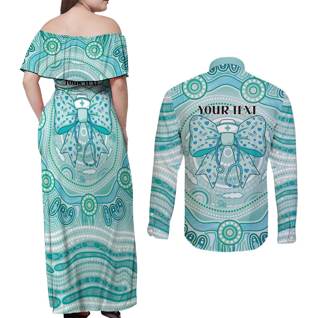 Aussie Nurse Personalised Couples Matching Off Shoulder Maxi Dress and Long Sleeve Button Shirt Turquoise Stethoscope Coquette Bow Aboriginal Dot Art