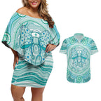 Aussie Nurse Personalised Couples Matching Off Shoulder Short Dress and Hawaiian Shirt Turquoise Stethoscope Coquette Bow Aboriginal Dot Art
