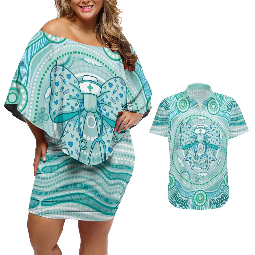 Aussie Nurse Personalised Couples Matching Off Shoulder Short Dress and Hawaiian Shirt Turquoise Stethoscope Coquette Bow Aboriginal Dot Art