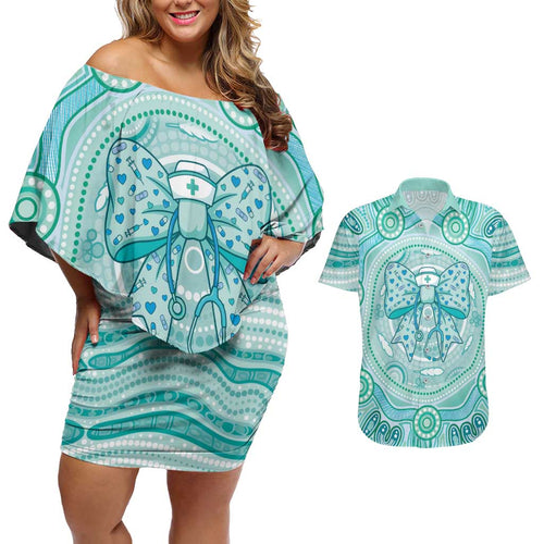 Aussie Nurse Personalised Couples Matching Off Shoulder Short Dress and Hawaiian Shirt Turquoise Stethoscope Coquette Bow Aboriginal Dot Art