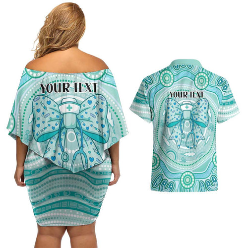 Aussie Nurse Personalised Couples Matching Off Shoulder Short Dress and Hawaiian Shirt Turquoise Stethoscope Coquette Bow Aboriginal Dot Art