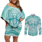 Aussie Nurse Personalised Couples Matching Off Shoulder Short Dress and Long Sleeve Button Shirt Turquoise Stethoscope Coquette Bow Aboriginal Dot Art