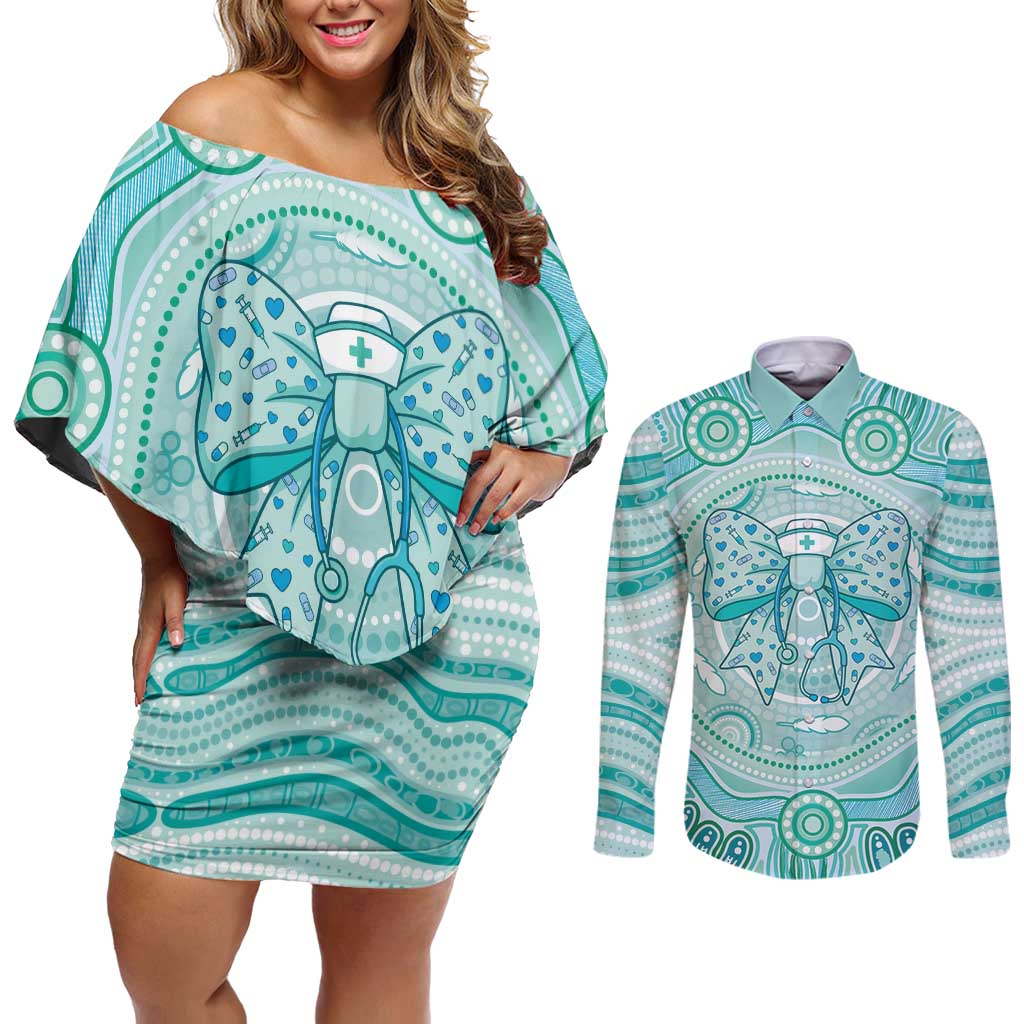 Aussie Nurse Personalised Couples Matching Off Shoulder Short Dress and Long Sleeve Button Shirt Turquoise Stethoscope Coquette Bow Aboriginal Dot Art