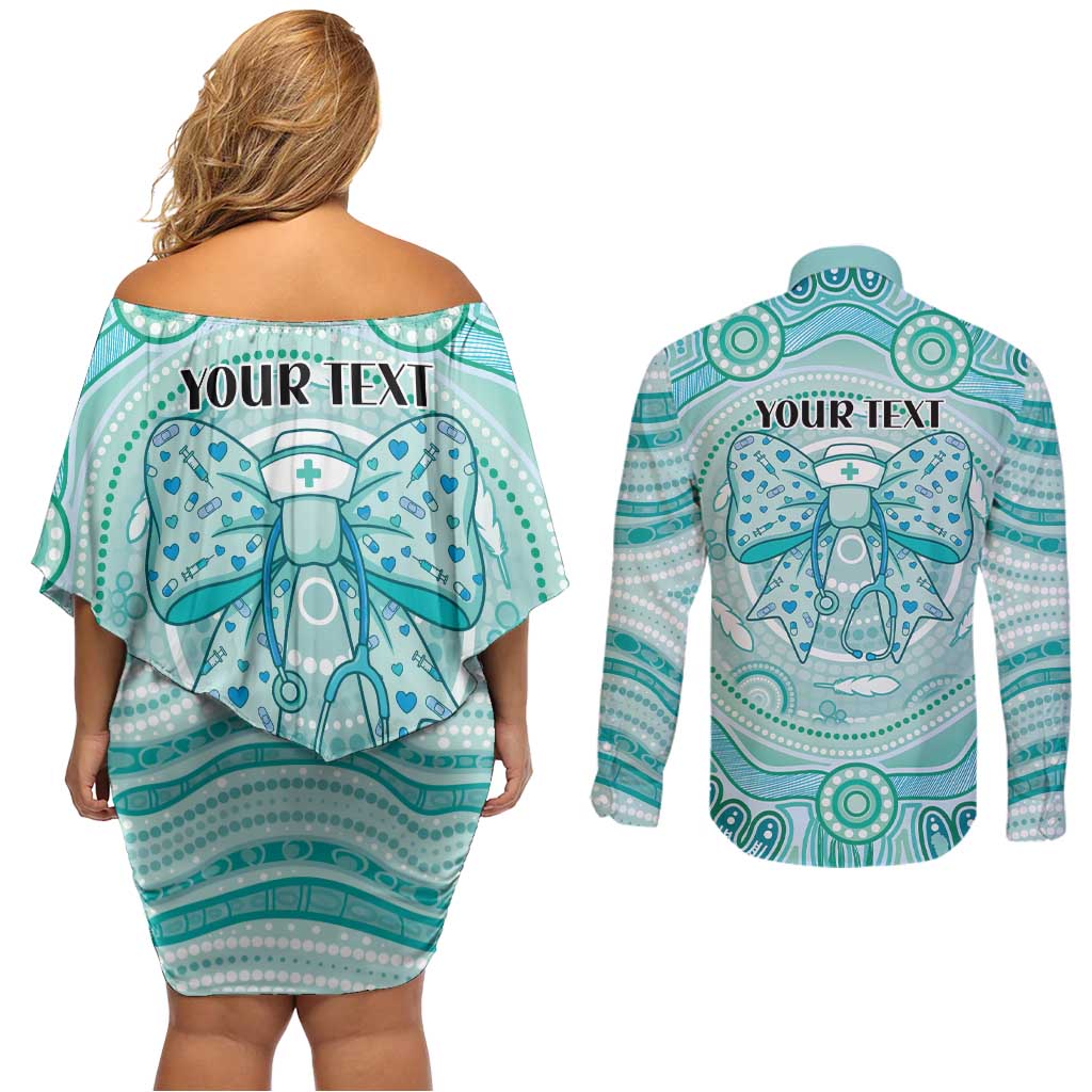 Aussie Nurse Personalised Couples Matching Off Shoulder Short Dress and Long Sleeve Button Shirt Turquoise Stethoscope Coquette Bow Aboriginal Dot Art