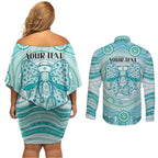 Aussie Nurse Personalised Couples Matching Off Shoulder Short Dress and Long Sleeve Button Shirt Turquoise Stethoscope Coquette Bow Aboriginal Dot Art