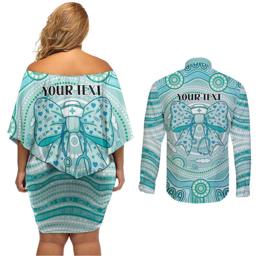 Aussie Nurse Personalised Couples Matching Off Shoulder Short Dress and Long Sleeve Button Shirt Turquoise Stethoscope Coquette Bow Aboriginal Dot Art