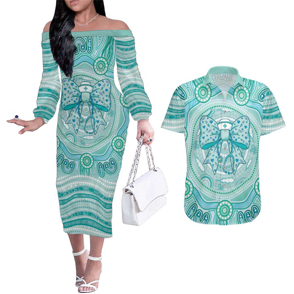 Aussie Nurse Personalised Couples Matching Off The Shoulder Long Sleeve Dress and Hawaiian Shirt Turquoise Stethoscope Coquette Bow Aboriginal Dot Art