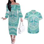 Aussie Nurse Personalised Couples Matching Off The Shoulder Long Sleeve Dress and Hawaiian Shirt Turquoise Stethoscope Coquette Bow Aboriginal Dot Art