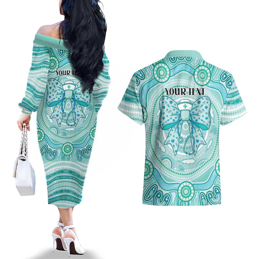 Aussie Nurse Personalised Couples Matching Off The Shoulder Long Sleeve Dress and Hawaiian Shirt Turquoise Stethoscope Coquette Bow Aboriginal Dot Art
