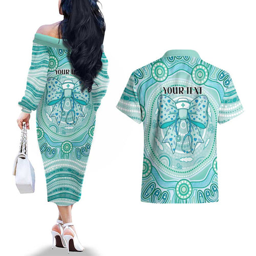 Aussie Nurse Personalised Couples Matching Off The Shoulder Long Sleeve Dress and Hawaiian Shirt Turquoise Stethoscope Coquette Bow Aboriginal Dot Art