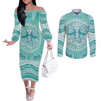 Aussie Nurse Personalised Couples Matching Off The Shoulder Long Sleeve Dress and Long Sleeve Button Shirt Turquoise Stethoscope Coquette Bow Aboriginal Dot Art