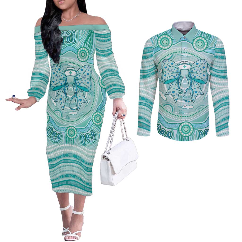 Aussie Nurse Personalised Couples Matching Off The Shoulder Long Sleeve Dress and Long Sleeve Button Shirt Turquoise Stethoscope Coquette Bow Aboriginal Dot Art