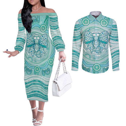 Aussie Nurse Personalised Couples Matching Off The Shoulder Long Sleeve Dress and Long Sleeve Button Shirt Turquoise Stethoscope Coquette Bow Aboriginal Dot Art