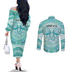 Aussie Nurse Personalised Couples Matching Off The Shoulder Long Sleeve Dress and Long Sleeve Button Shirt Turquoise Stethoscope Coquette Bow Aboriginal Dot Art