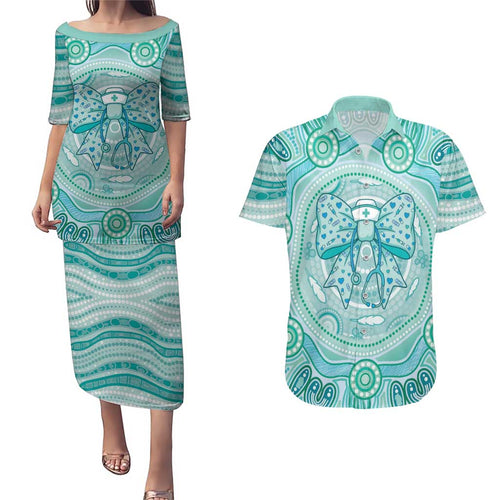Aussie Nurse Personalised Couples Matching Puletasi and Hawaiian Shirt Turquoise Stethoscope Coquette Bow Aboriginal Dot Art