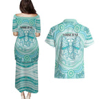 Aussie Nurse Personalised Couples Matching Puletasi and Hawaiian Shirt Turquoise Stethoscope Coquette Bow Aboriginal Dot Art