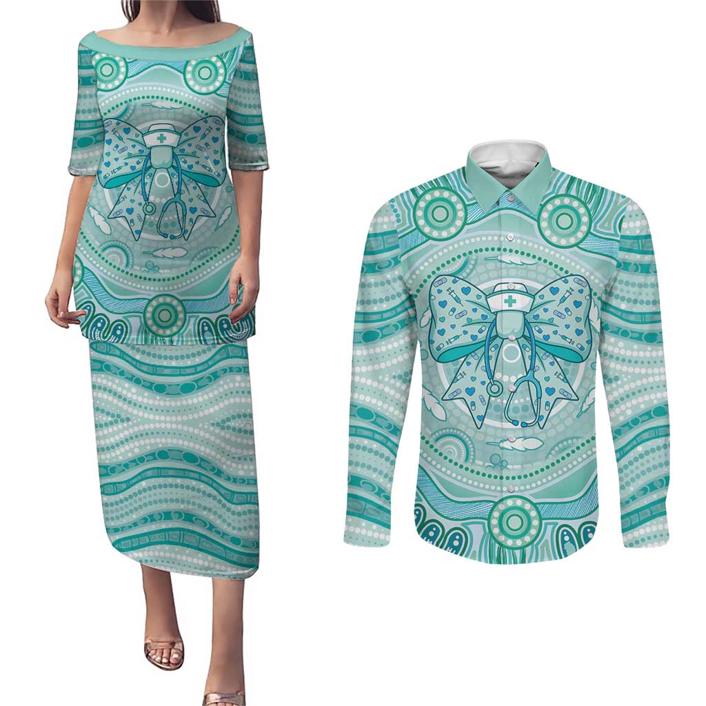 Aussie Nurse Personalised Couples Matching Puletasi and Long Sleeve Button Shirt Turquoise Stethoscope Coquette Bow Aboriginal Dot Art