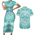 Aussie Nurse Personalised Couples Matching Short Sleeve Bodycon Dress and Hawaiian Shirt Turquoise Stethoscope Coquette Bow Aboriginal Dot Art