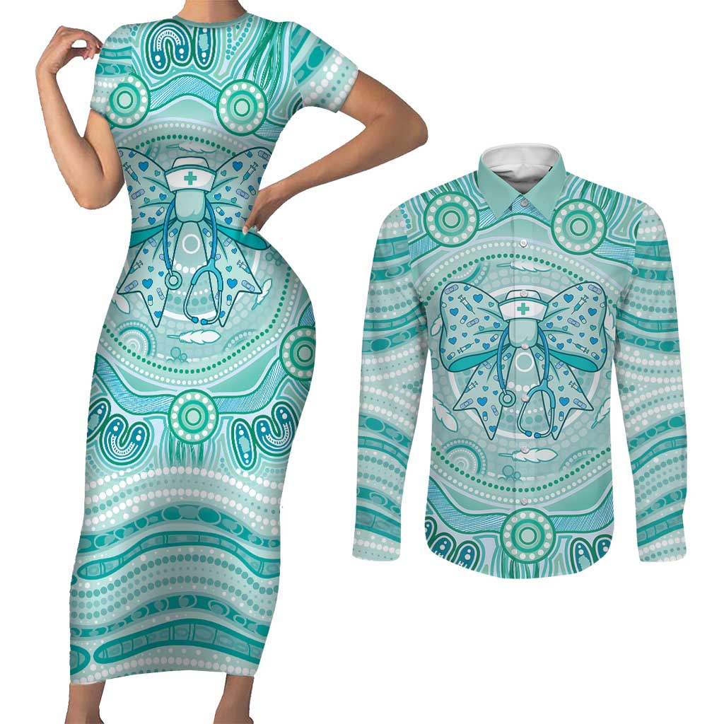 Aussie Nurse Personalised Couples Matching Short Sleeve Bodycon Dress and Long Sleeve Button Shirt Turquoise Stethoscope Coquette Bow Aboriginal Dot Art