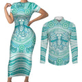 Aussie Nurse Personalised Couples Matching Short Sleeve Bodycon Dress and Long Sleeve Button Shirt Turquoise Stethoscope Coquette Bow Aboriginal Dot Art