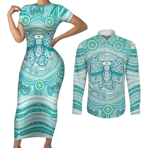 Aussie Nurse Personalised Couples Matching Short Sleeve Bodycon Dress and Long Sleeve Button Shirt Turquoise Stethoscope Coquette Bow Aboriginal Dot Art